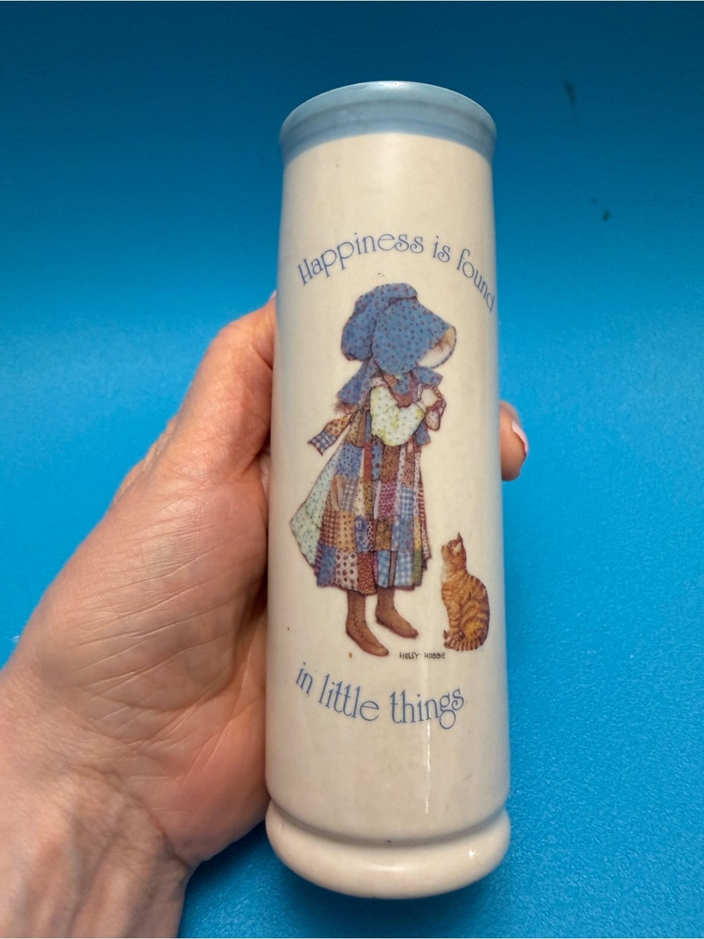 Vintage Holly Hobbie Blue Girl Tall Stoneware Vase